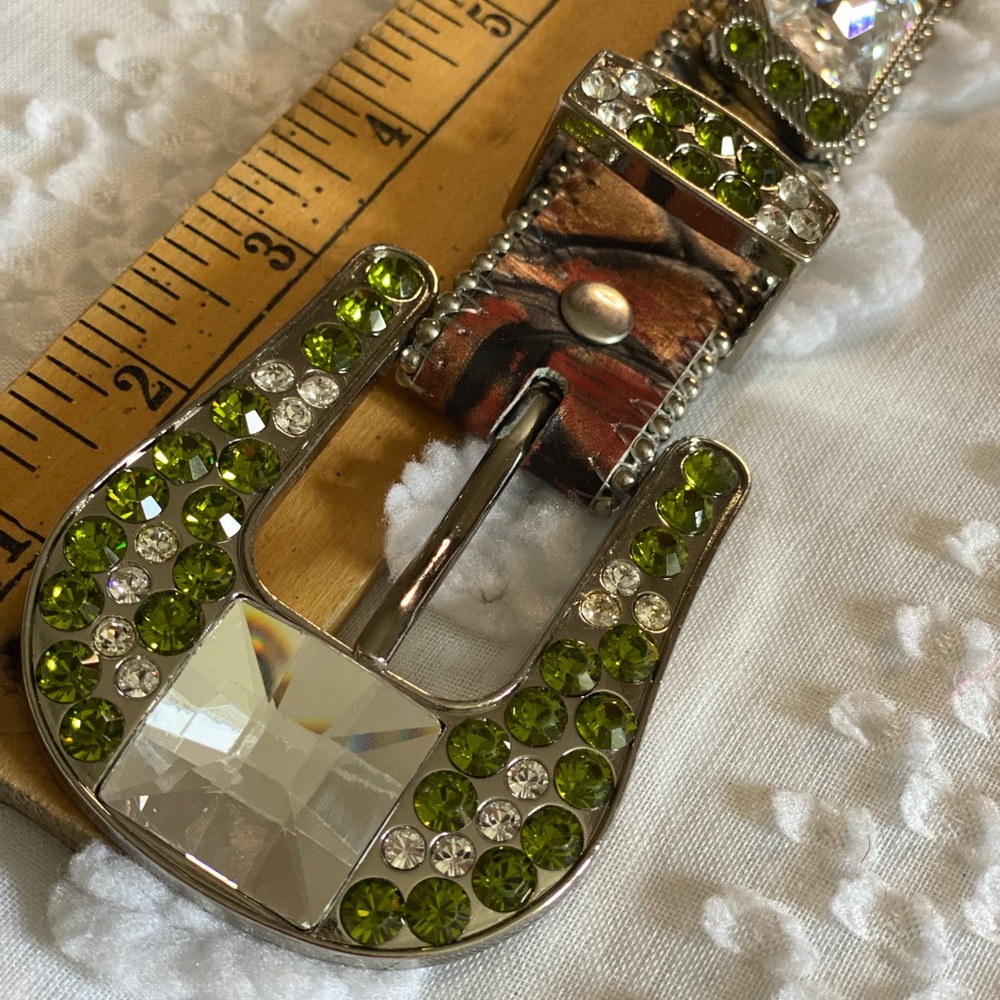 Patterned green and brown leather bb Simon bling belt